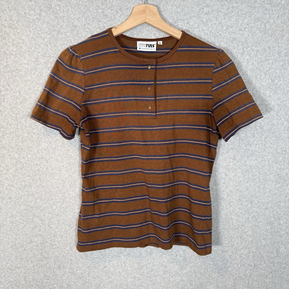 Russ Shirt Womens Small Striped‎ Brown Short Sleeve Snap